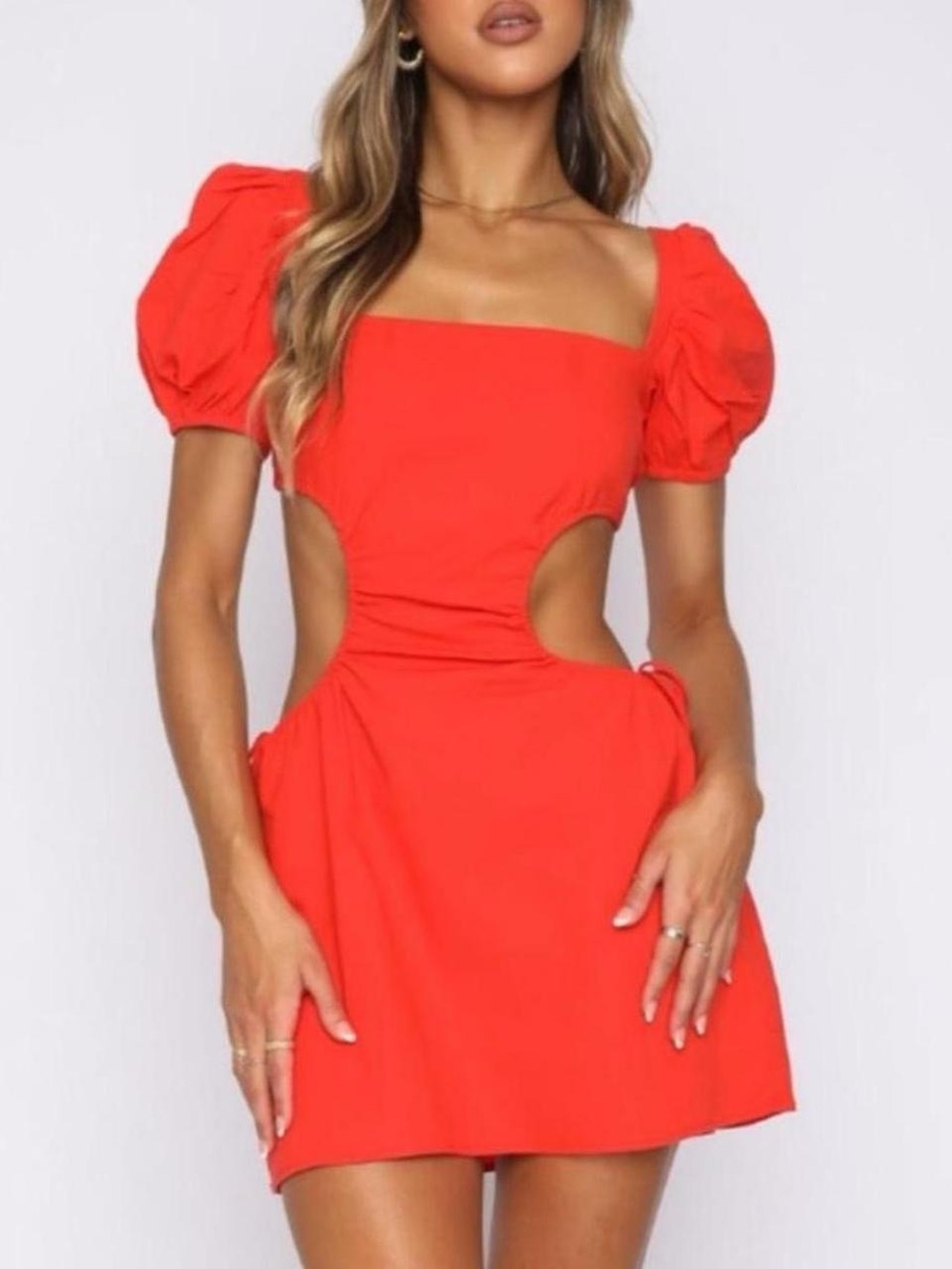 White Fox Boutique Red Puff-Sleeve Cutout Mini Dress